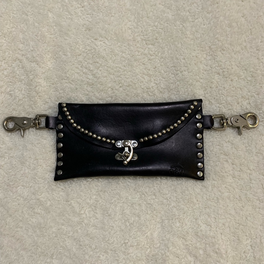 Black Leather Hip-pack, Waist Bag, phone holder with Silver Accents